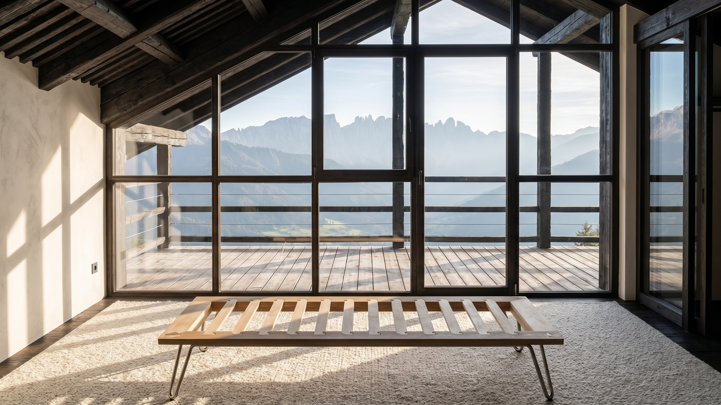 Alpina bed base centered within an alpine chalet framing the panoramic Dolomite mountain range