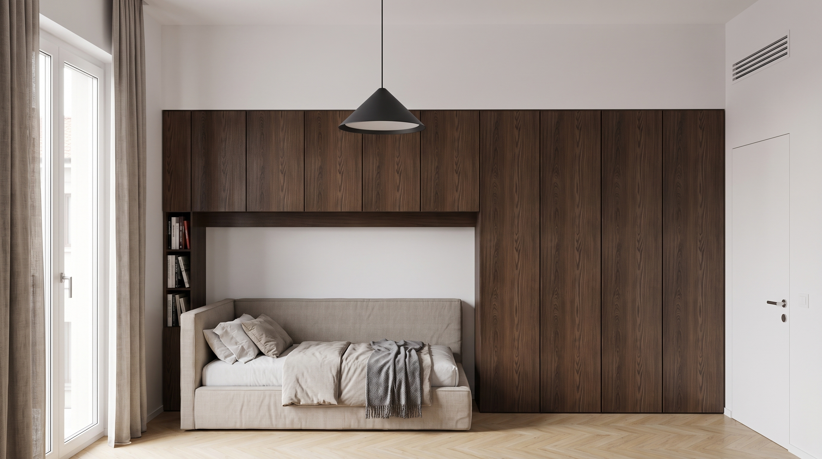 Sleeping room folding inward to offer tailored degrees of privacy