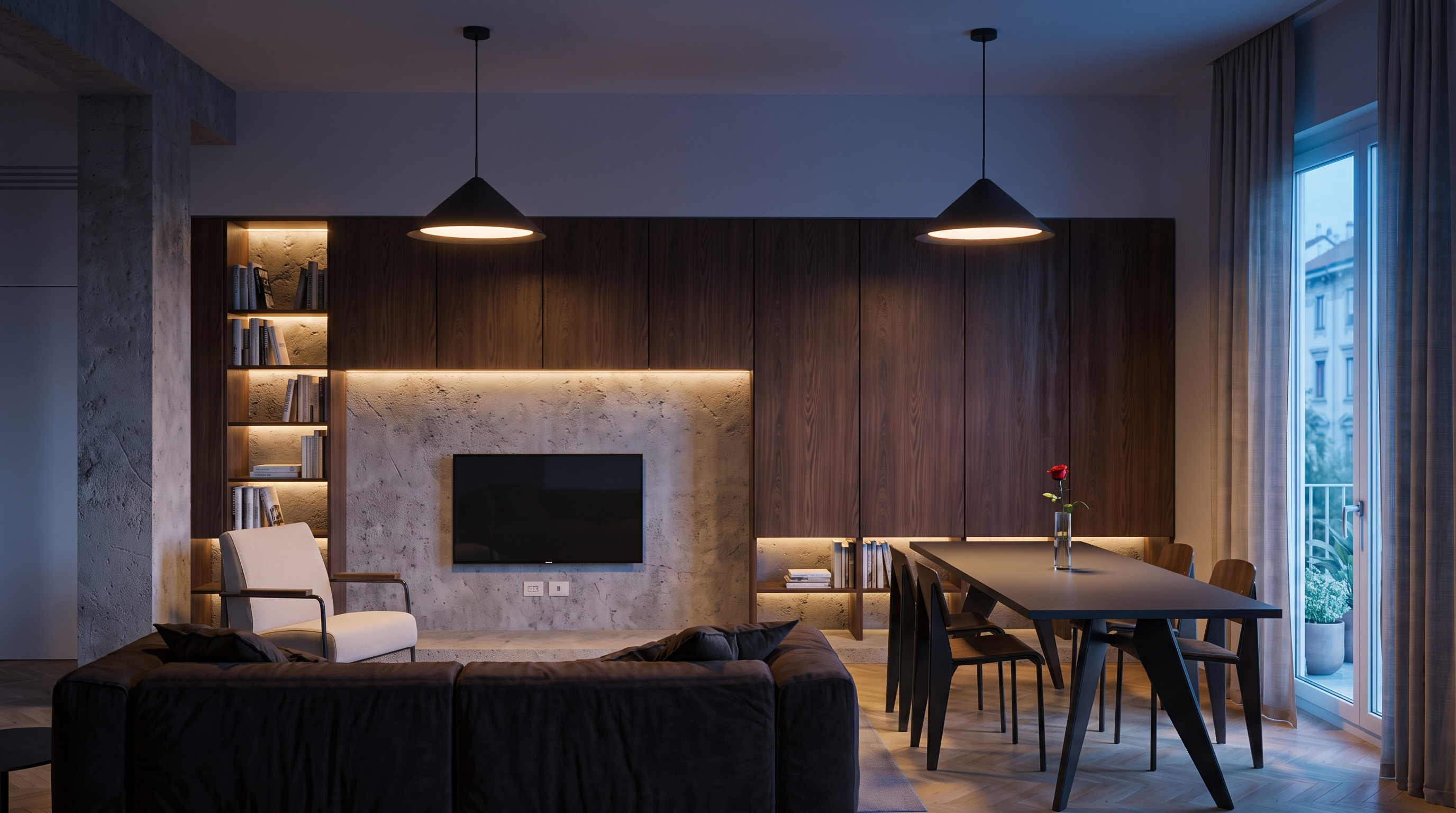 Minimalist envelope contrasting with the warmth of the natural wood textures