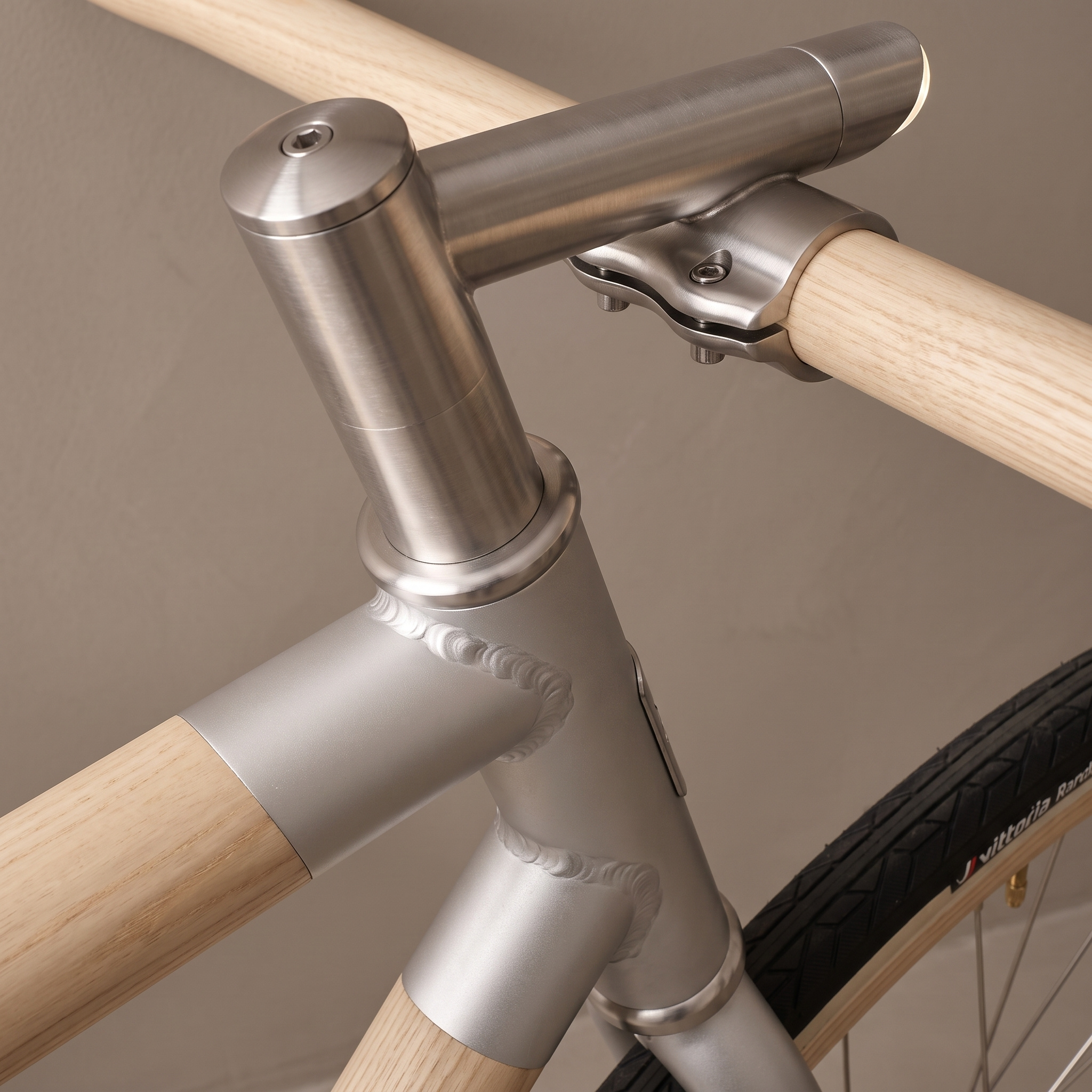 Macro detail of the brushed stainless steel stem with integrated front LED light, TIG-welded head tube lug, and solid ash handlebar
