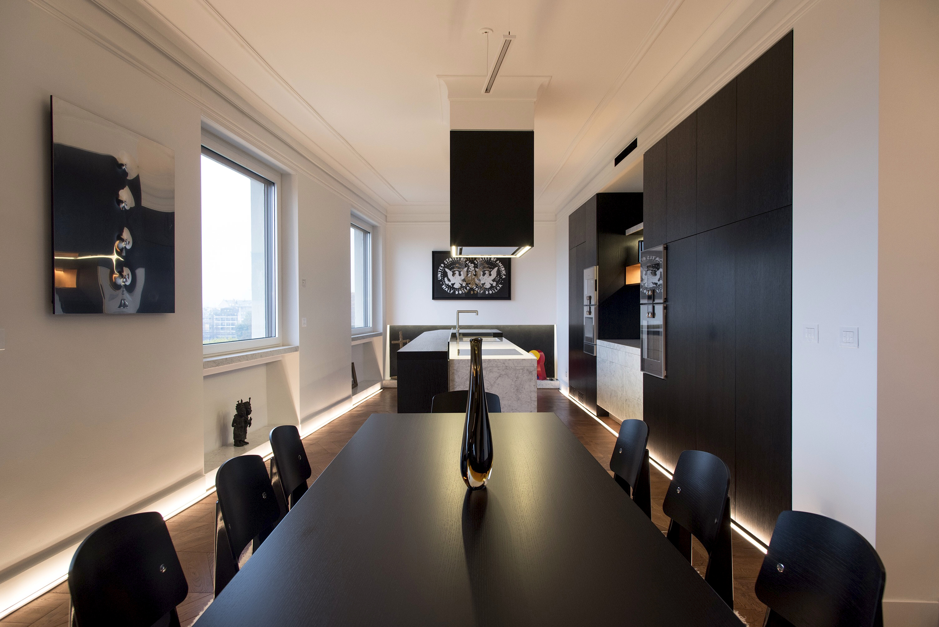 Wide contextual shot of the L107 penthouse living space showing custom joinery and spatial clarity