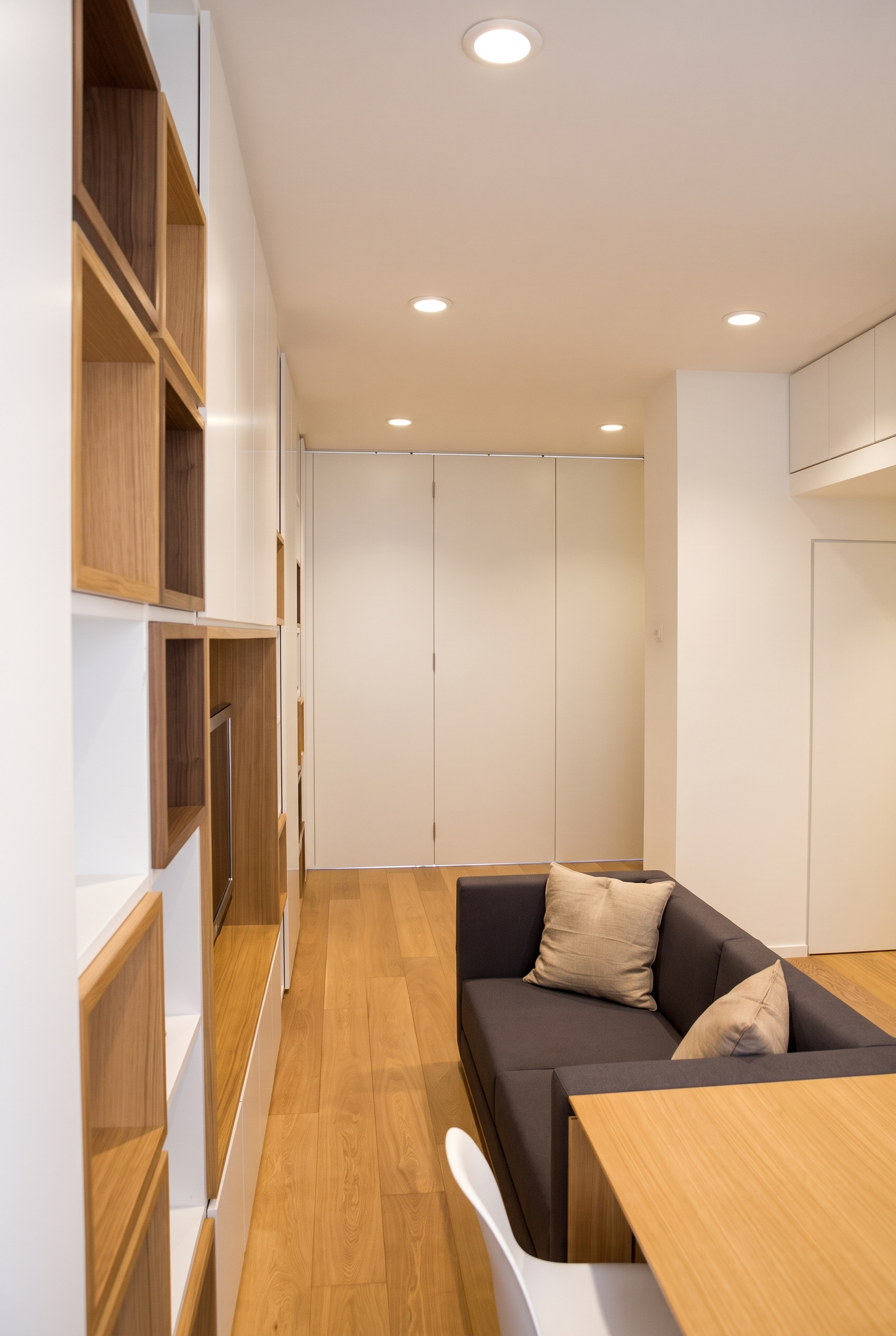 Folding partition doors closed flush into the ceiling plane forming an architectural wall behind the living lounge