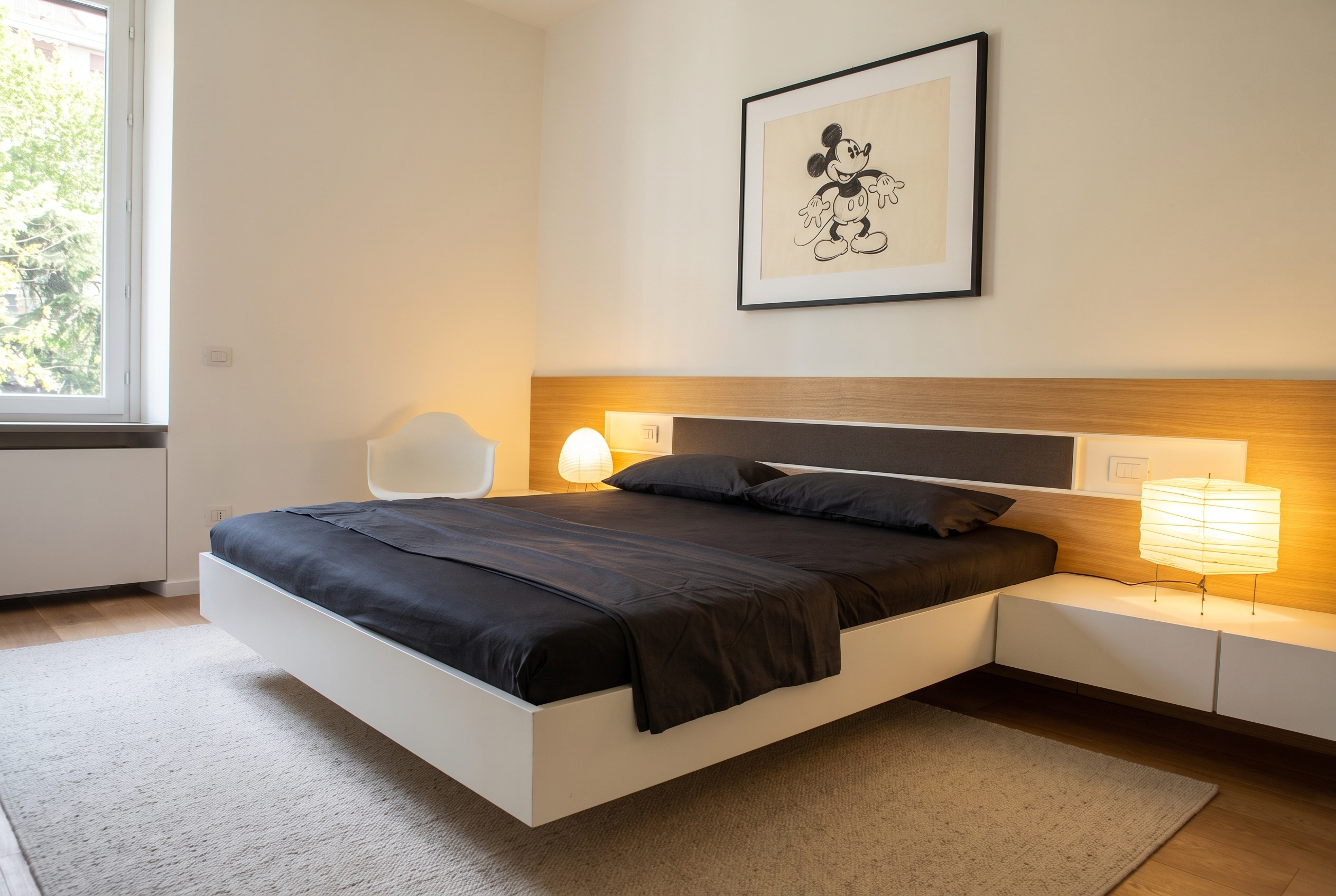 Bedroom featuring a cantilevered floating white bed, continuous oak headboard with integrated lighting, and minimalist art