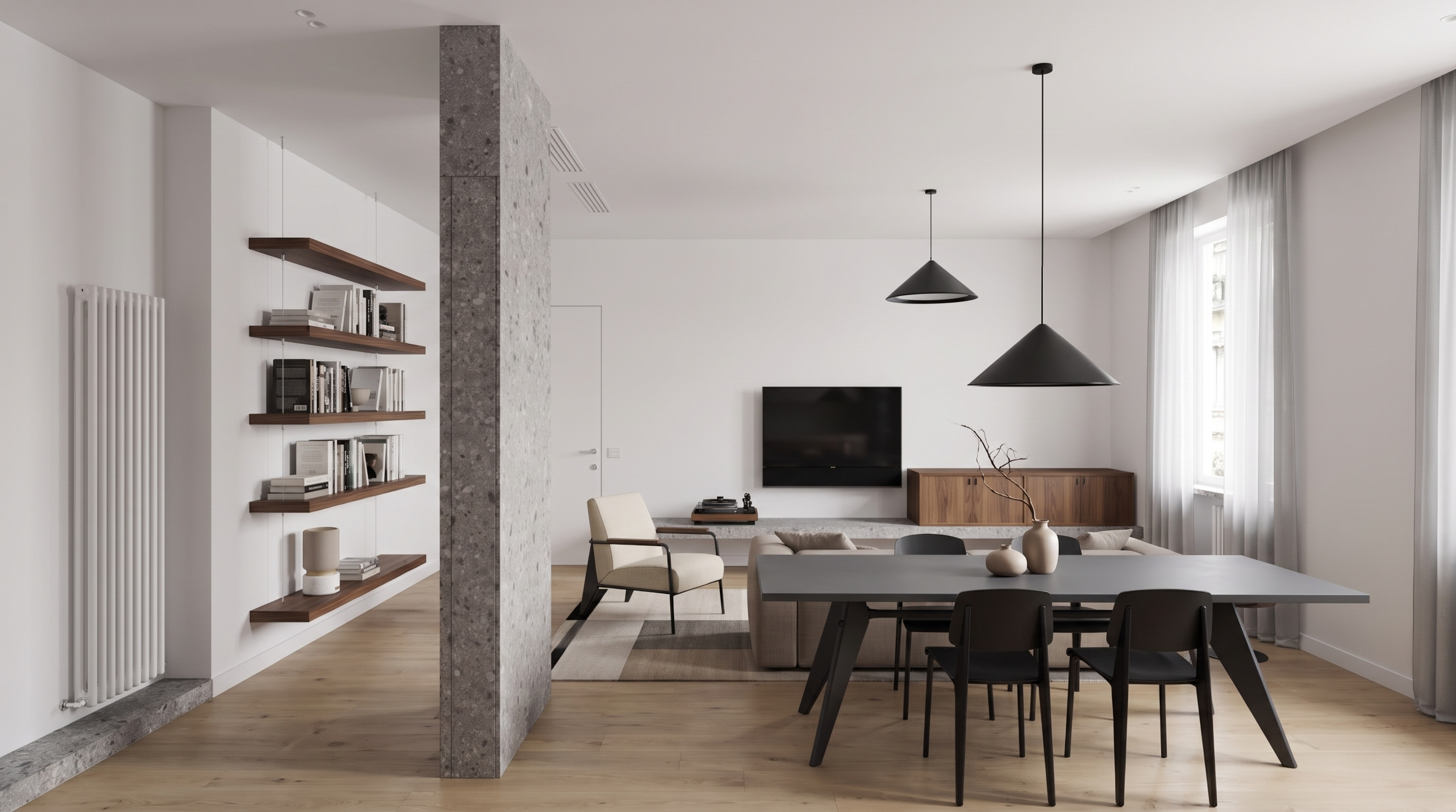 S022: Interior living space pivoting around a monolithic Ceppo di Gr&eacute; stone column