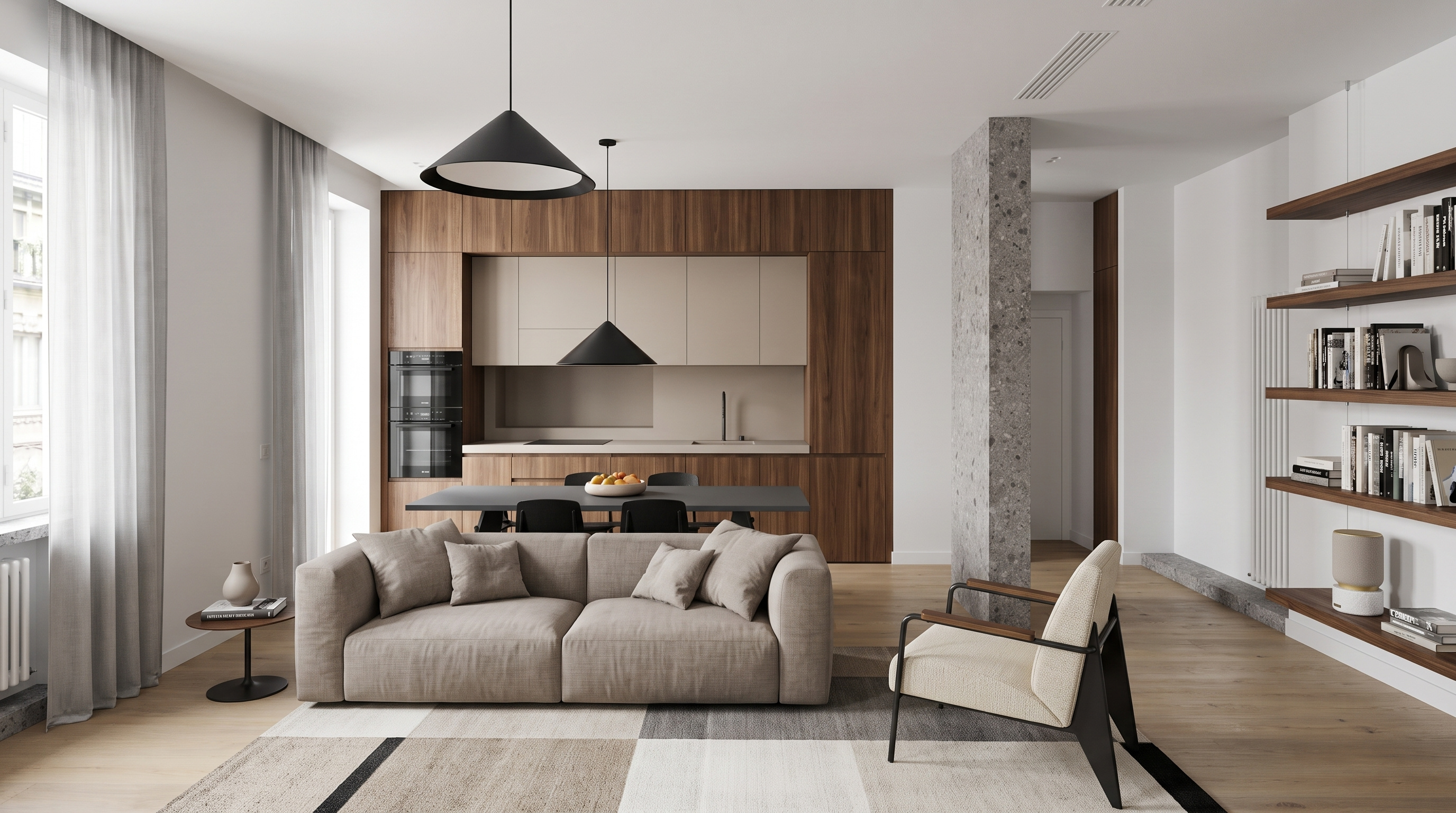 Walnut joinery wrapping seamlessly around the flat's interior rooms