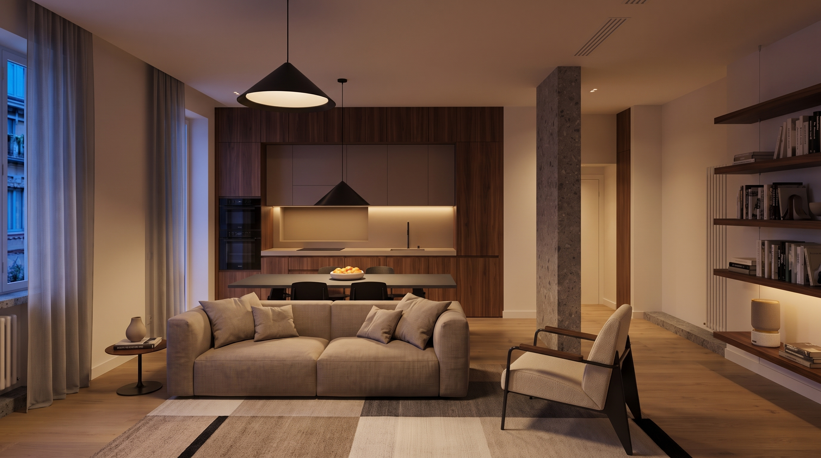 Warm, continuous architectural materials framing the family's shared spaces