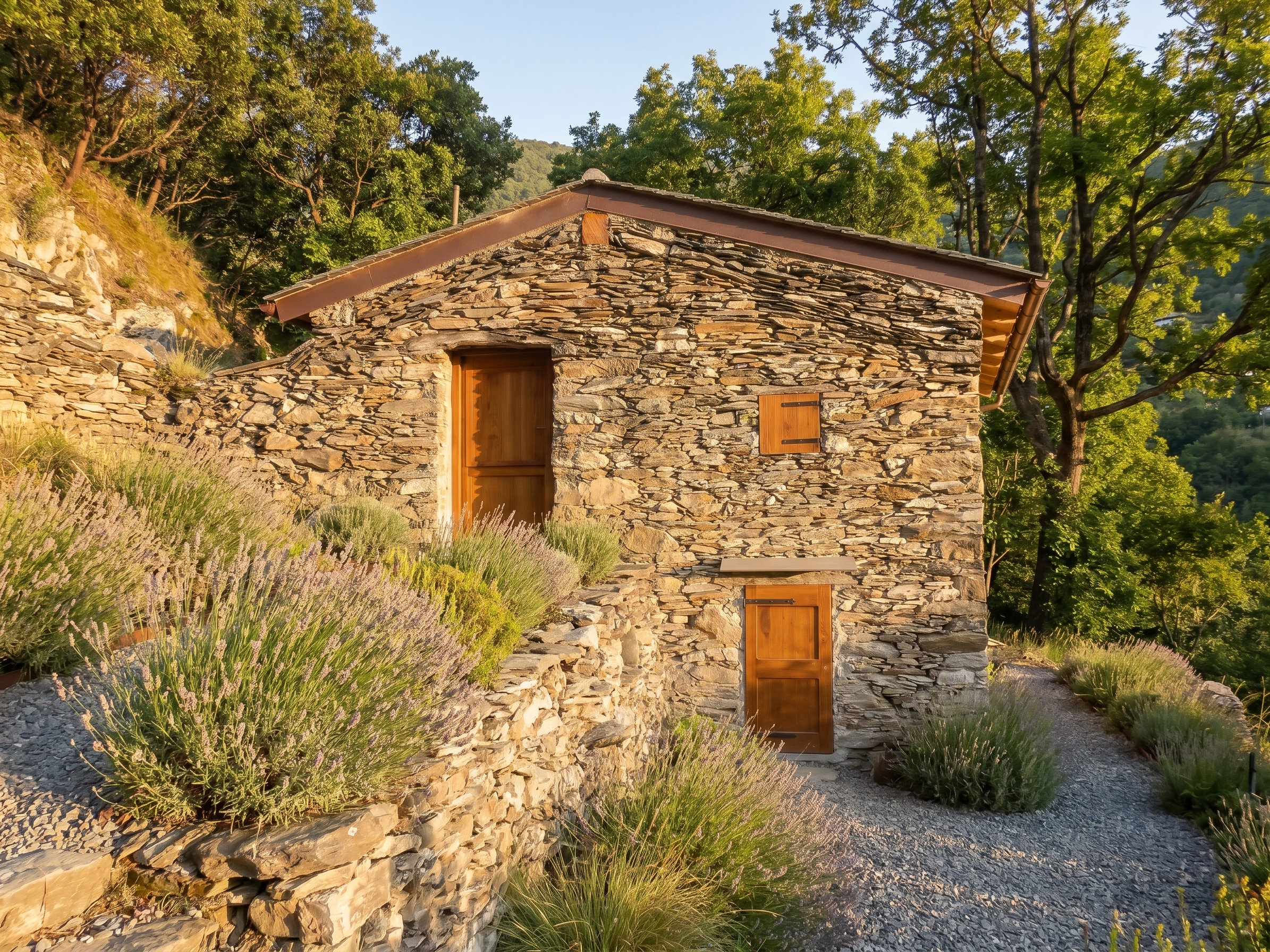 SORH: Restored dry-stone Ligurian rural homestead in the hills of Sori, bordered by lavender and gravel paths