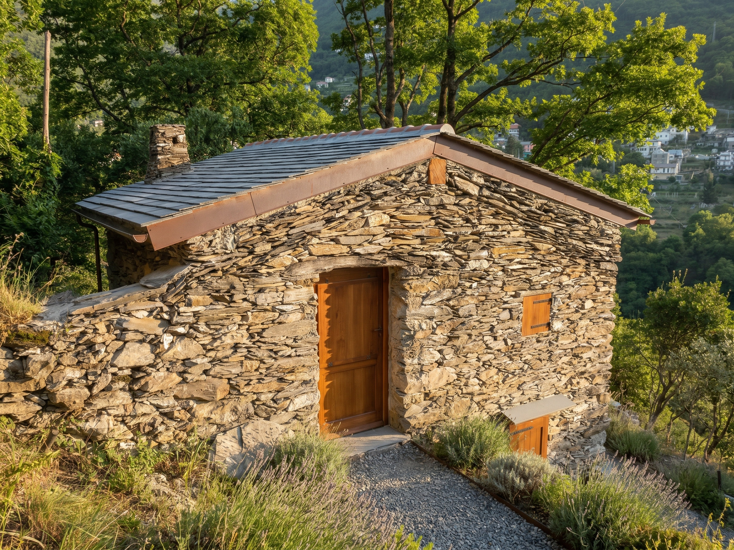 Elevated perspective of the stone tile roof, chimney, and masonry looking across the wooded valley