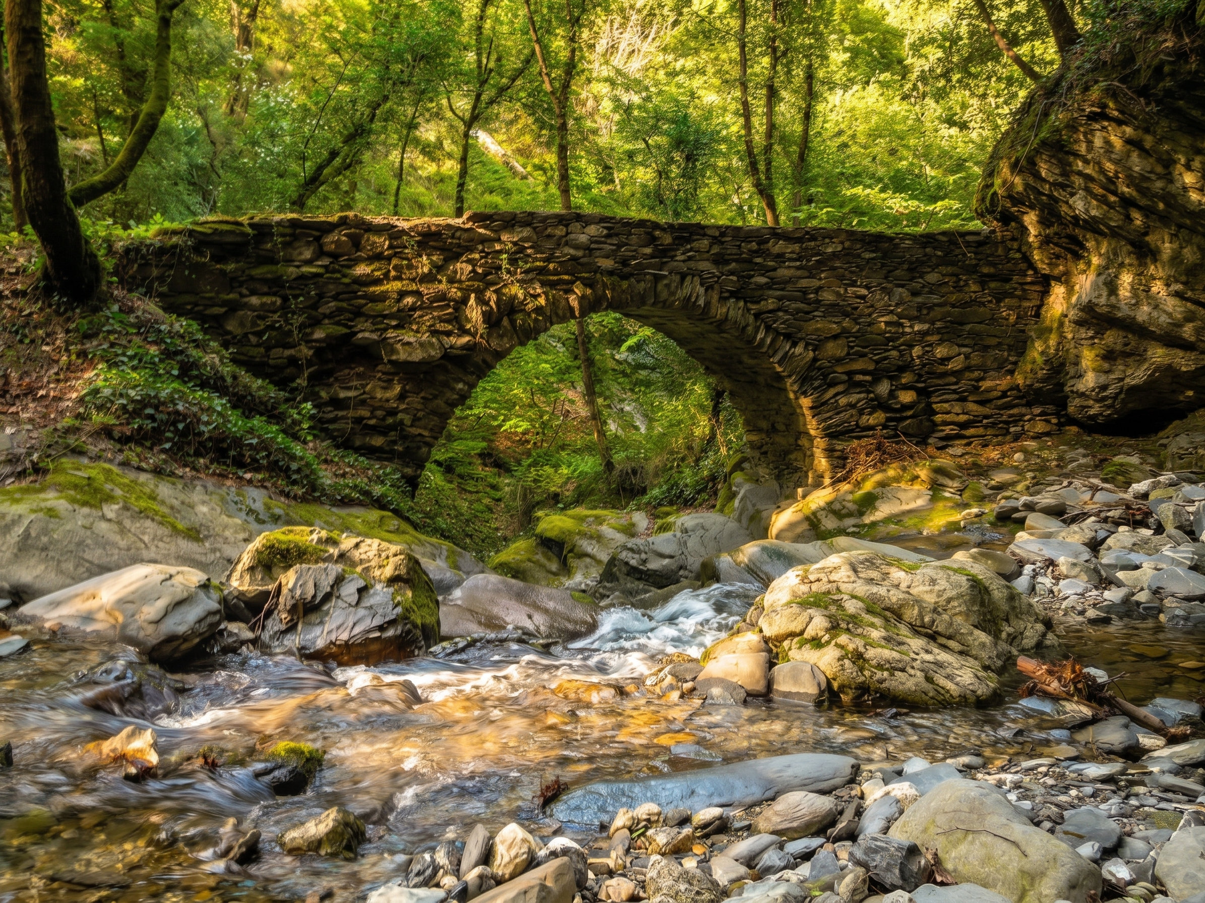 Historic dry-stone arched bridge spanning a mountain stream surrounded by dense natural forest