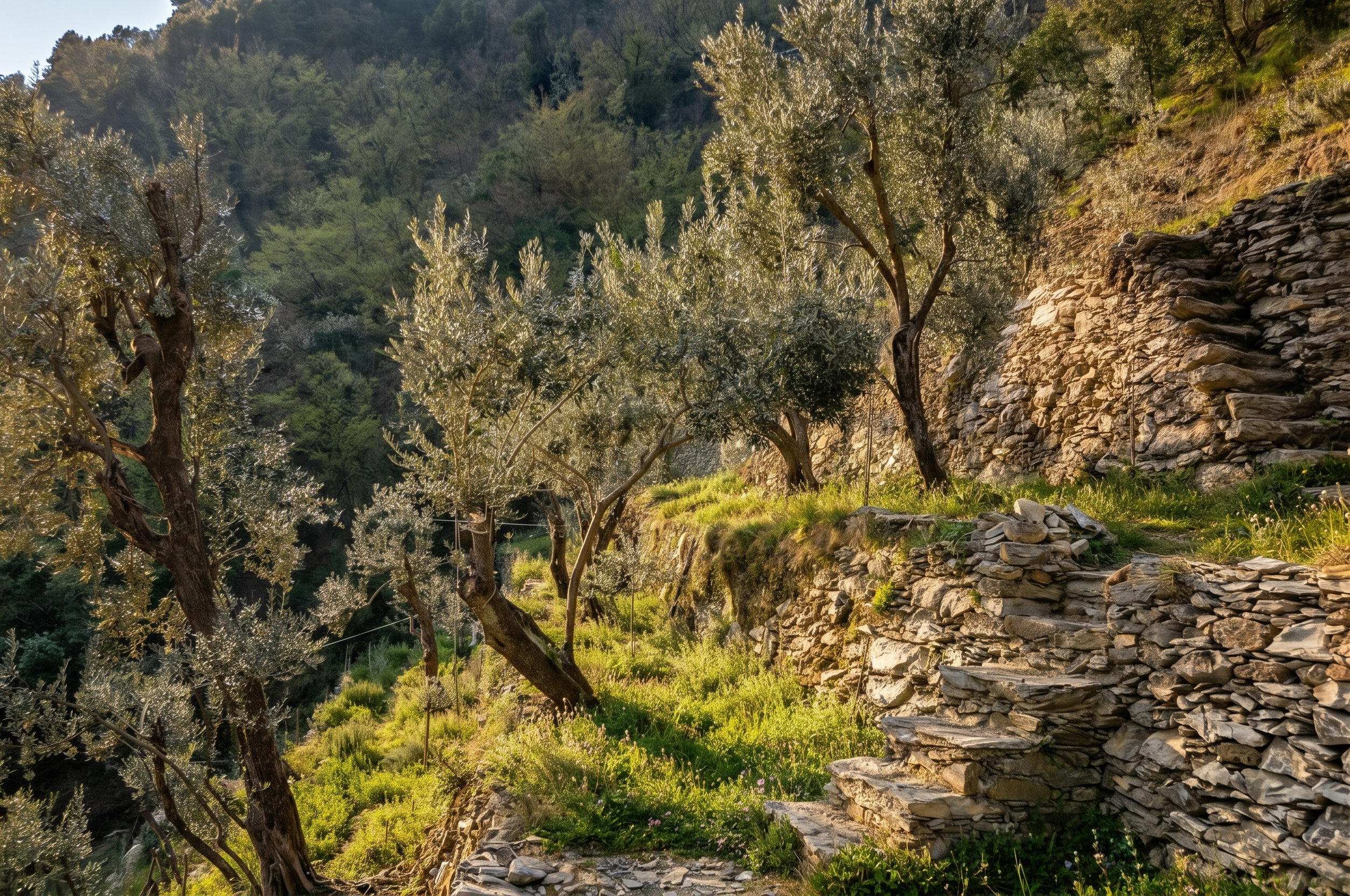 Restored agricultural terraces with traditional dry-stone walls and olive trees catching the afternoon light